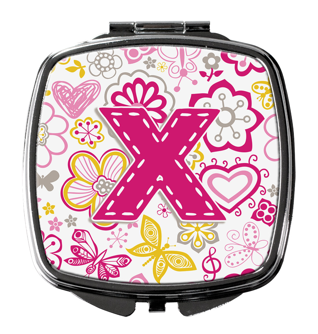 Letter X Flowers and Butterflies Pink Compact Mirror CJ2005-XSCM  the-store.com.