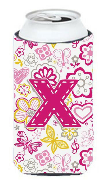 Letter X Flowers and Butterflies Pink Tall Boy Beverage Insulator Hugger CJ2005-XTBC by Caroline&#39;s Treasures