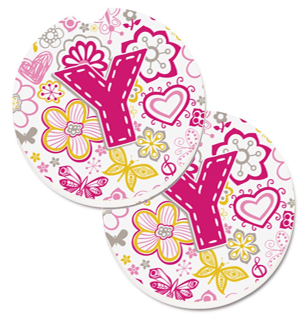 Letter Y Flowers and Butterflies Pink Set of 2 Cup Holder Car Coasters CJ2005-YCARC by Caroline&#39;s Treasures