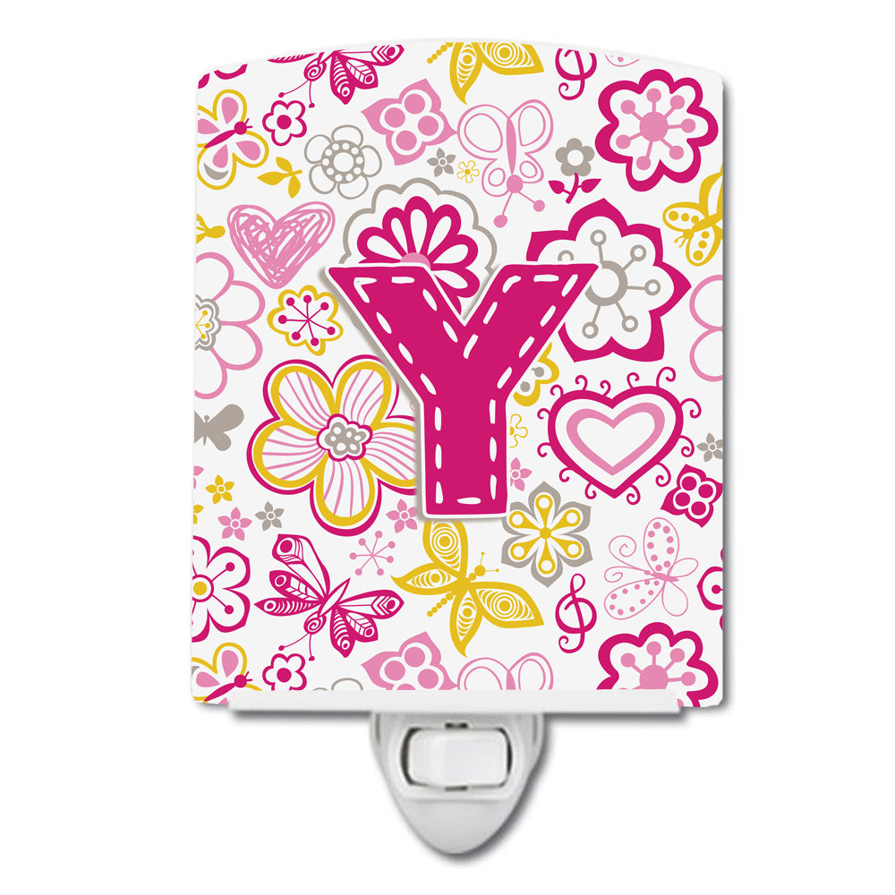 Letter Y Flowers and Butterflies Pink Ceramic Night Light CJ2005-YCNL - the-store.com