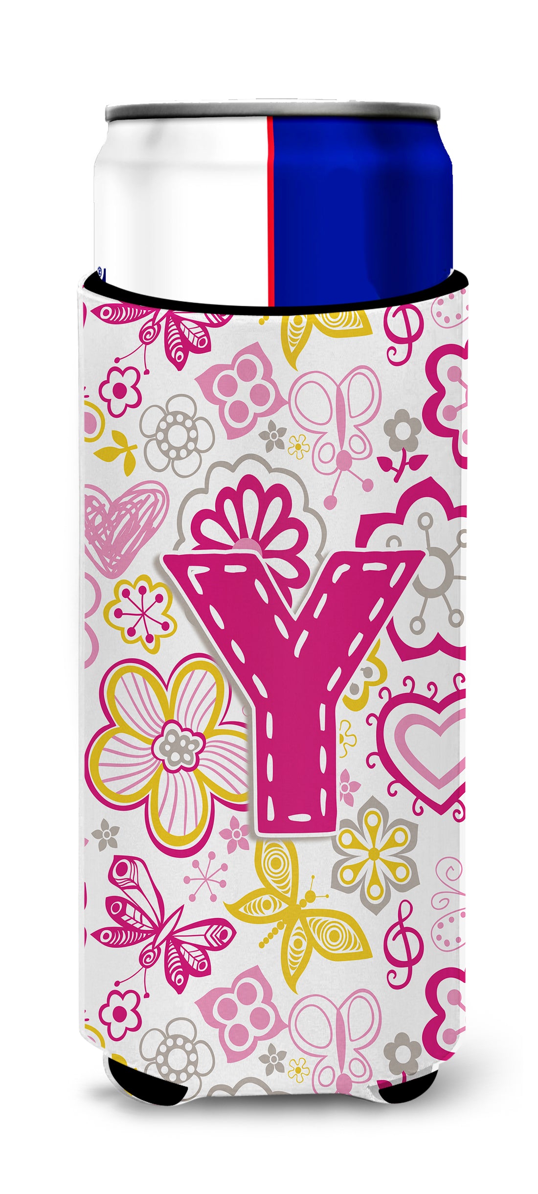 Letter Y Flowers and Butterflies Pink Ultra Beverage Insulators for slim cans CJ2005-YMUK.