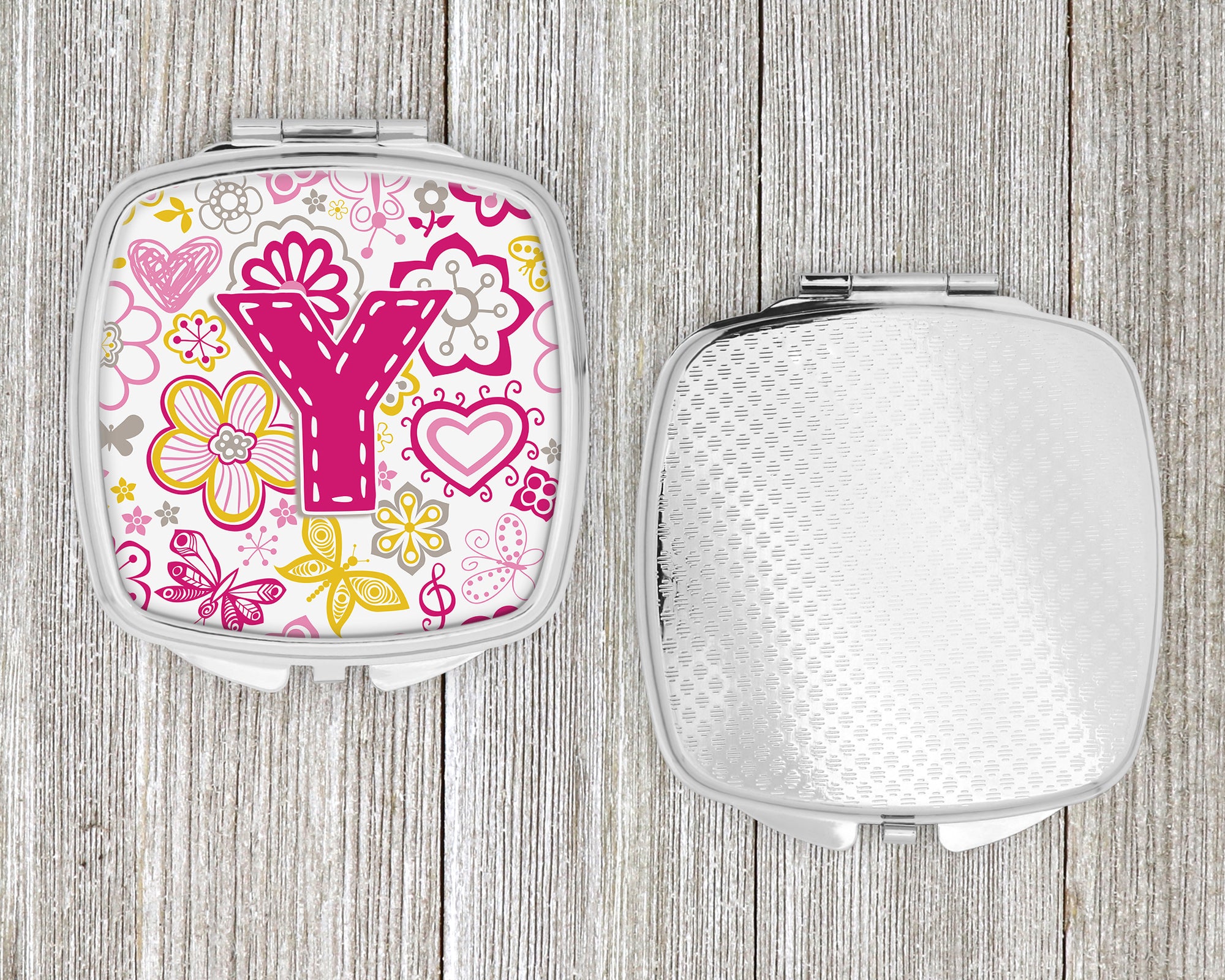 Letter Y Flowers and Butterflies Pink Compact Mirror CJ2005-YSCM