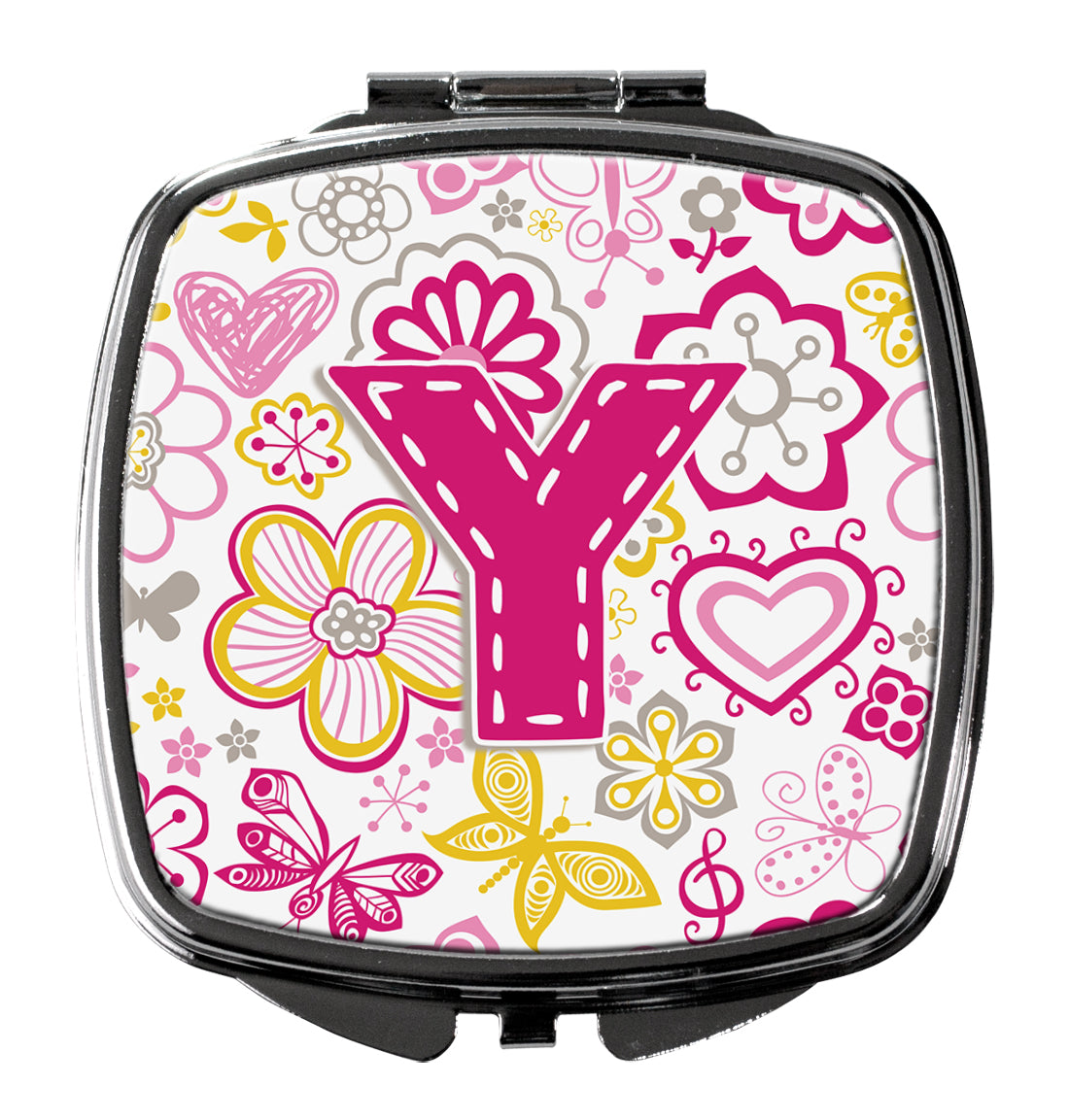 Caroline's Treasures Letter Y Flowers and Butterflies Pink Compact Mirror – Stylish Purse Mirror with Artistic Covers CJ2005-YSCM