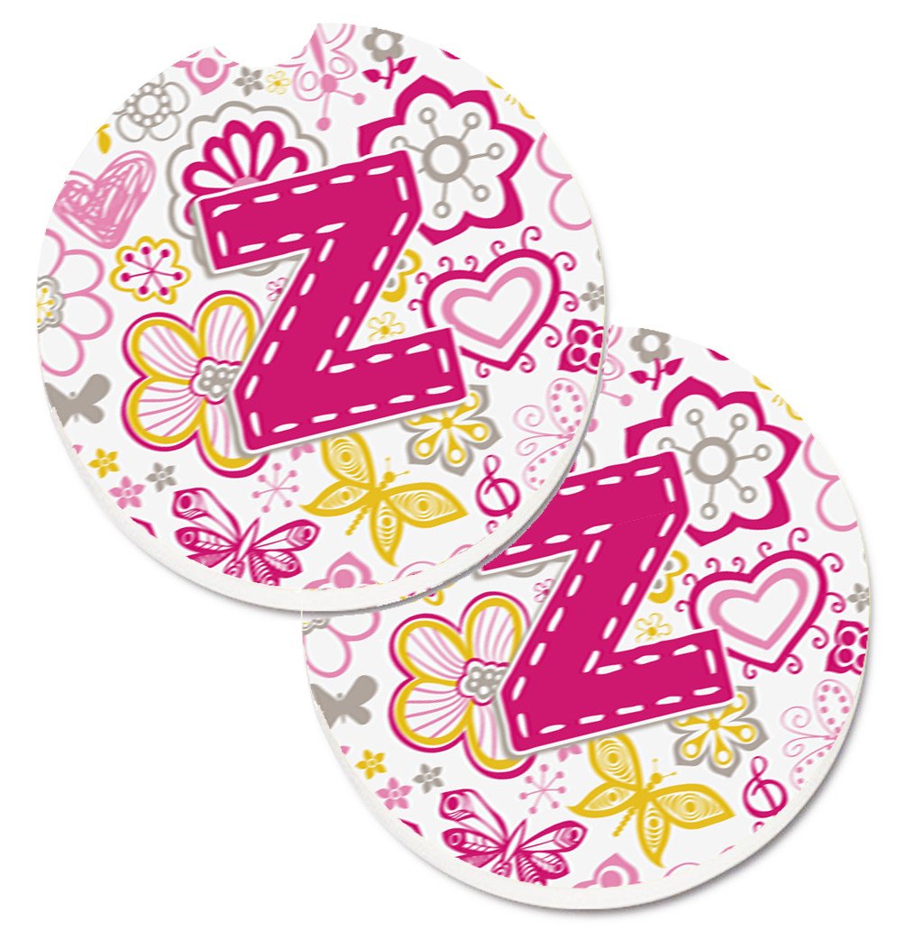 Letter Z Flowers and Butterflies Pink Set of 2 Cup Holder Car Coasters CJ2005-ZCARC by Caroline&#39;s Treasures