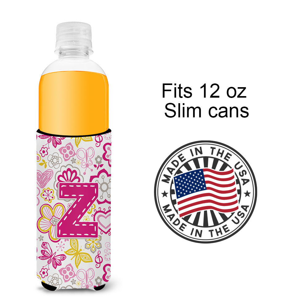 Letter Z Flowers and Butterflies Pink Ultra Beverage Insulators for slim cans CJ2005-ZMUK