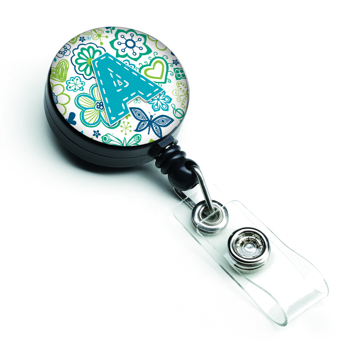 Letter A Flowers and Butterflies Teal Blue Retractable Badge Reel CJ2006-ABR