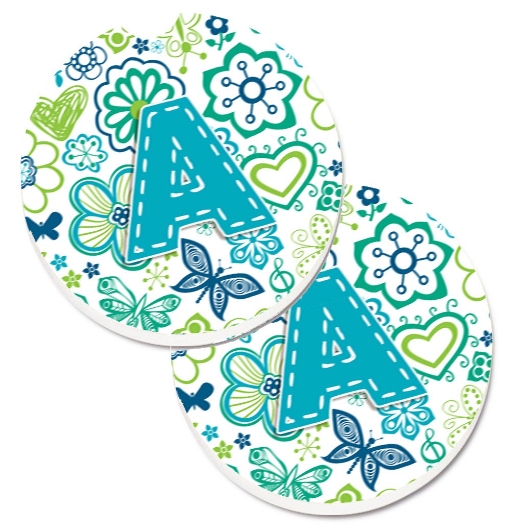 Letter A Flowers and Butterflies Teal Blue Set of 2 Cup Holder Car Coasters CJ2006-ACARC by Caroline&#39;s Treasures