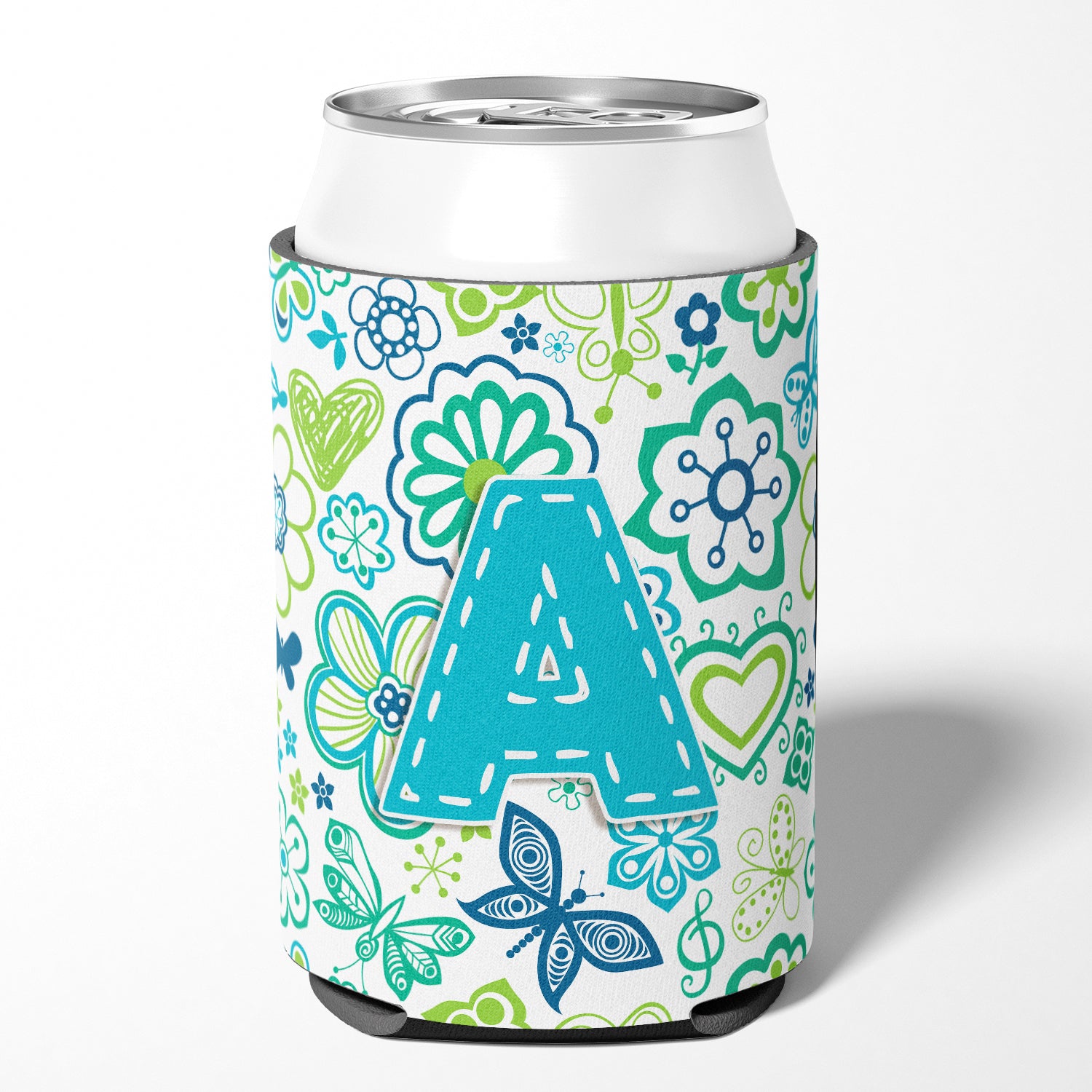 Letter A Flowers and Butterflies Teal Blue Can or Bottle Hugger CJ2006-ACC