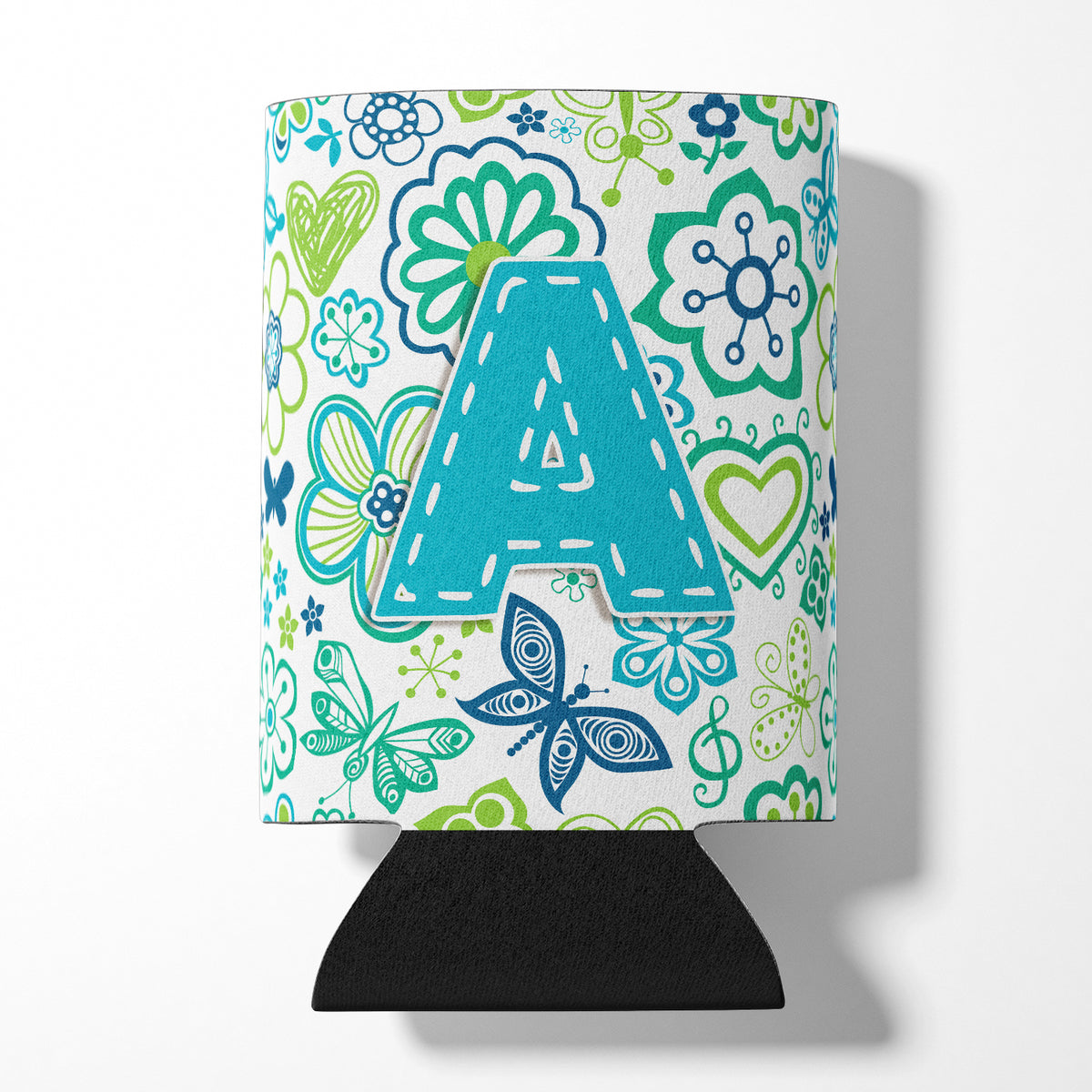 Letter A Flowers and Butterflies Teal Blue Can or Bottle Hugger CJ2006-ACC