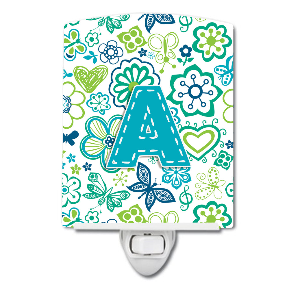 Letter A Flowers and Butterflies Teal Blue Ceramic Night Light CJ2006-ACNL - the-store.com