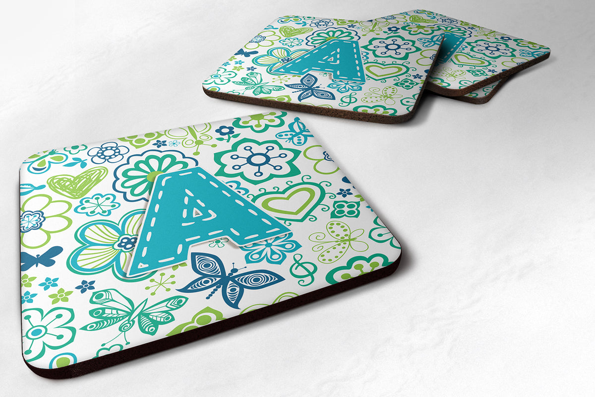 Set of 4 Letter A Flowers and Butterflies Teal Blue Foam Coasters CJ2006-AFC - the-store.com