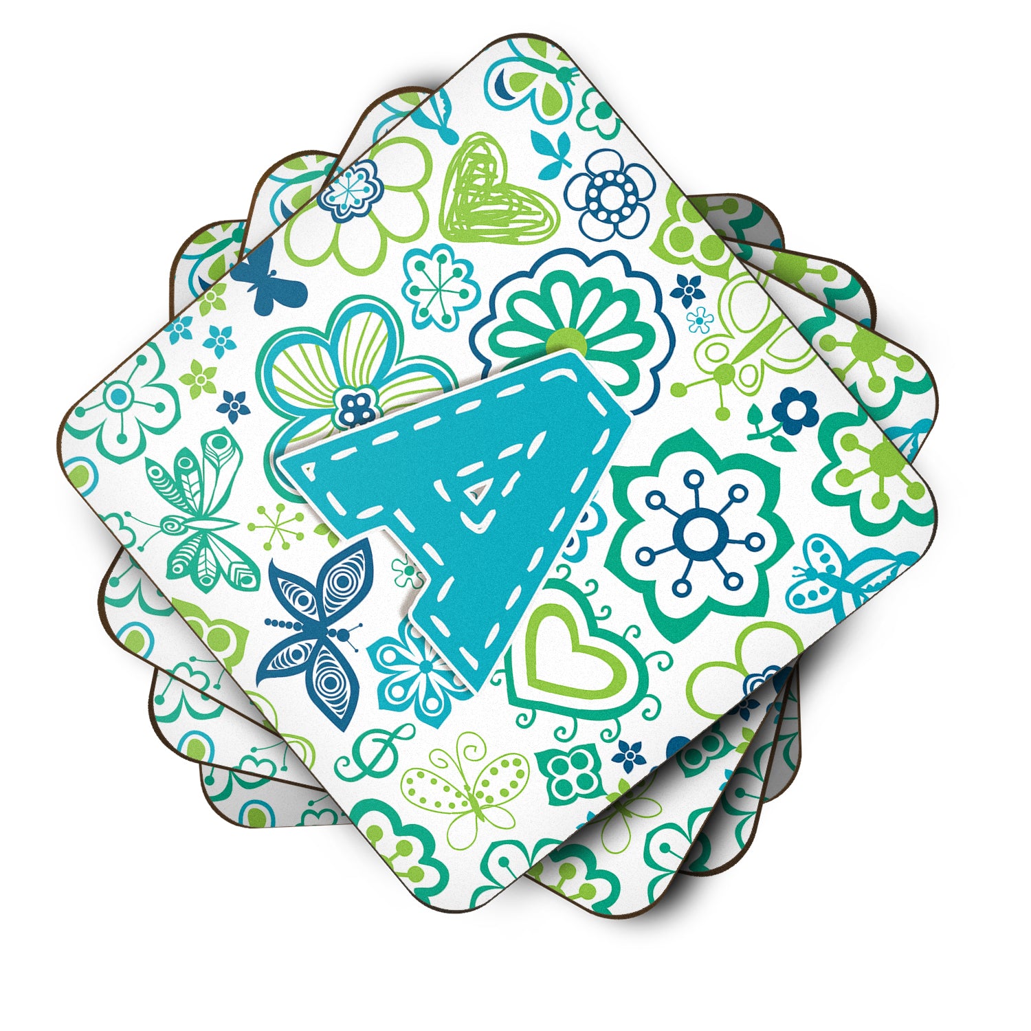 Set of 4 Letter A Flowers and Butterflies Teal Blue Foam Coasters CJ2006-AFC - the-store.com