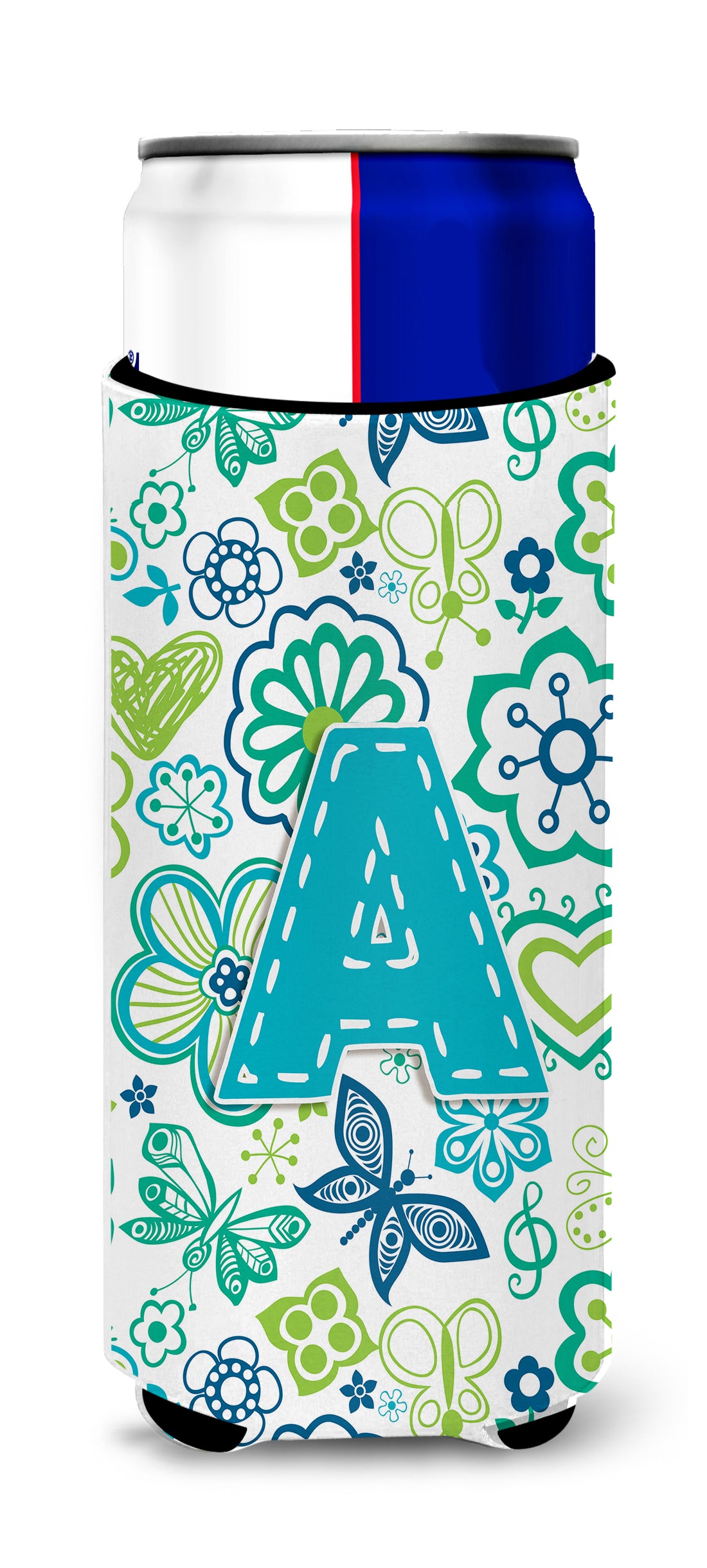 Letter A Flowers and Butterflies Teal Blue Ultra Beverage Insulators for slim cans CJ2006-AMUK.