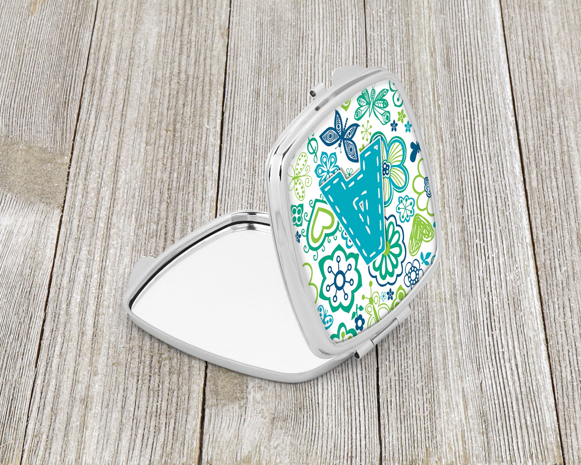 Letter A Flowers and Butterflies Teal Blue Compact Mirror CJ2006-ASCM  the-store.com.