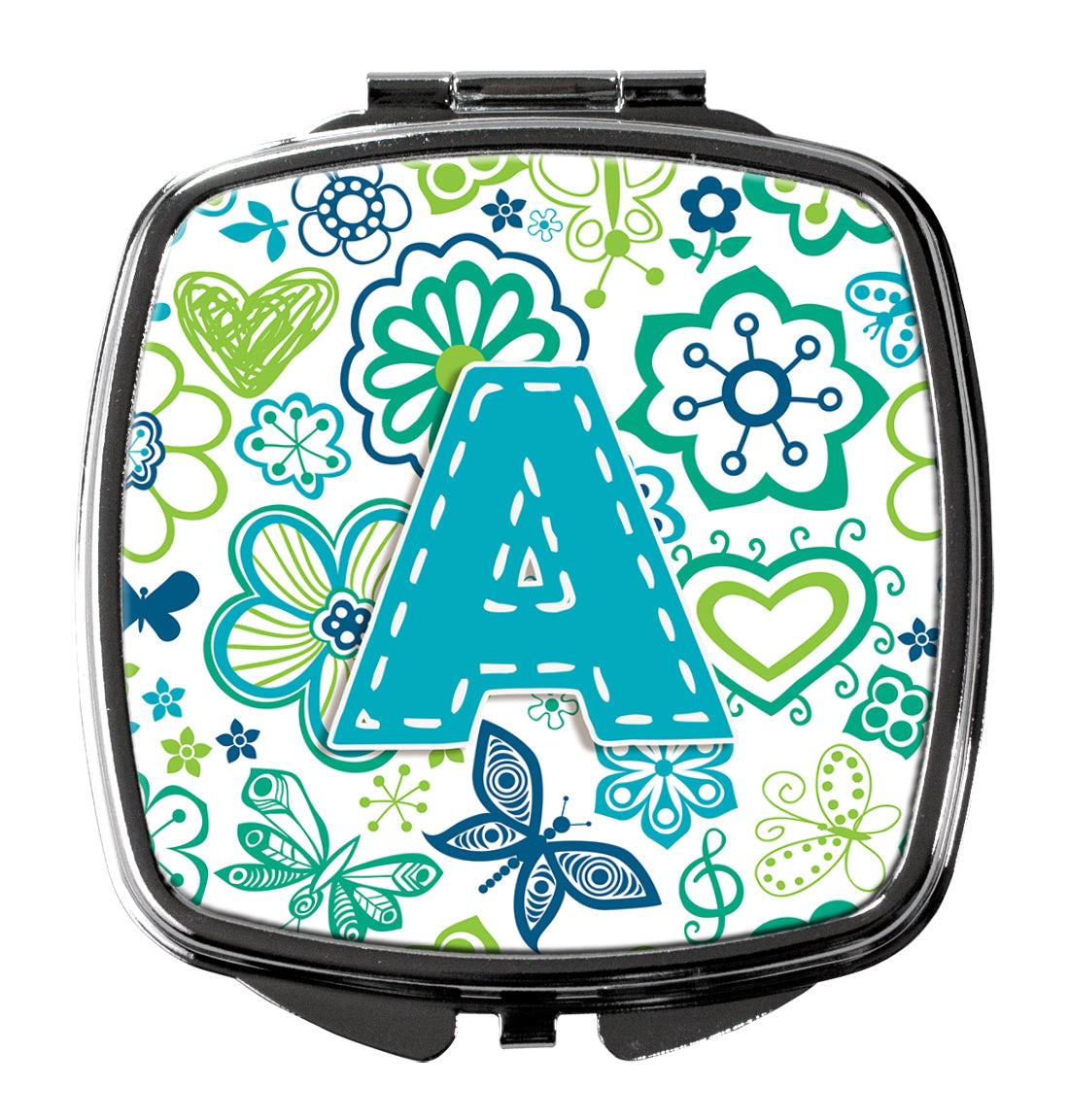 Letter A Flowers and Butterflies Teal Blue Compact Mirror CJ2006-ASCM