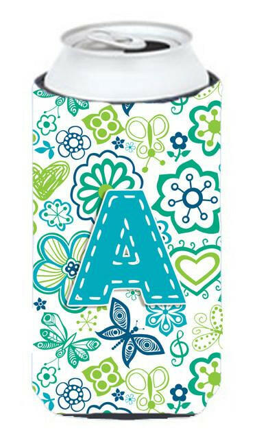 Letter A Flowers and Butterflies Teal Blue Tall Boy Beverage Insulator Hugger CJ2006-ATBC by Caroline&#39;s Treasures