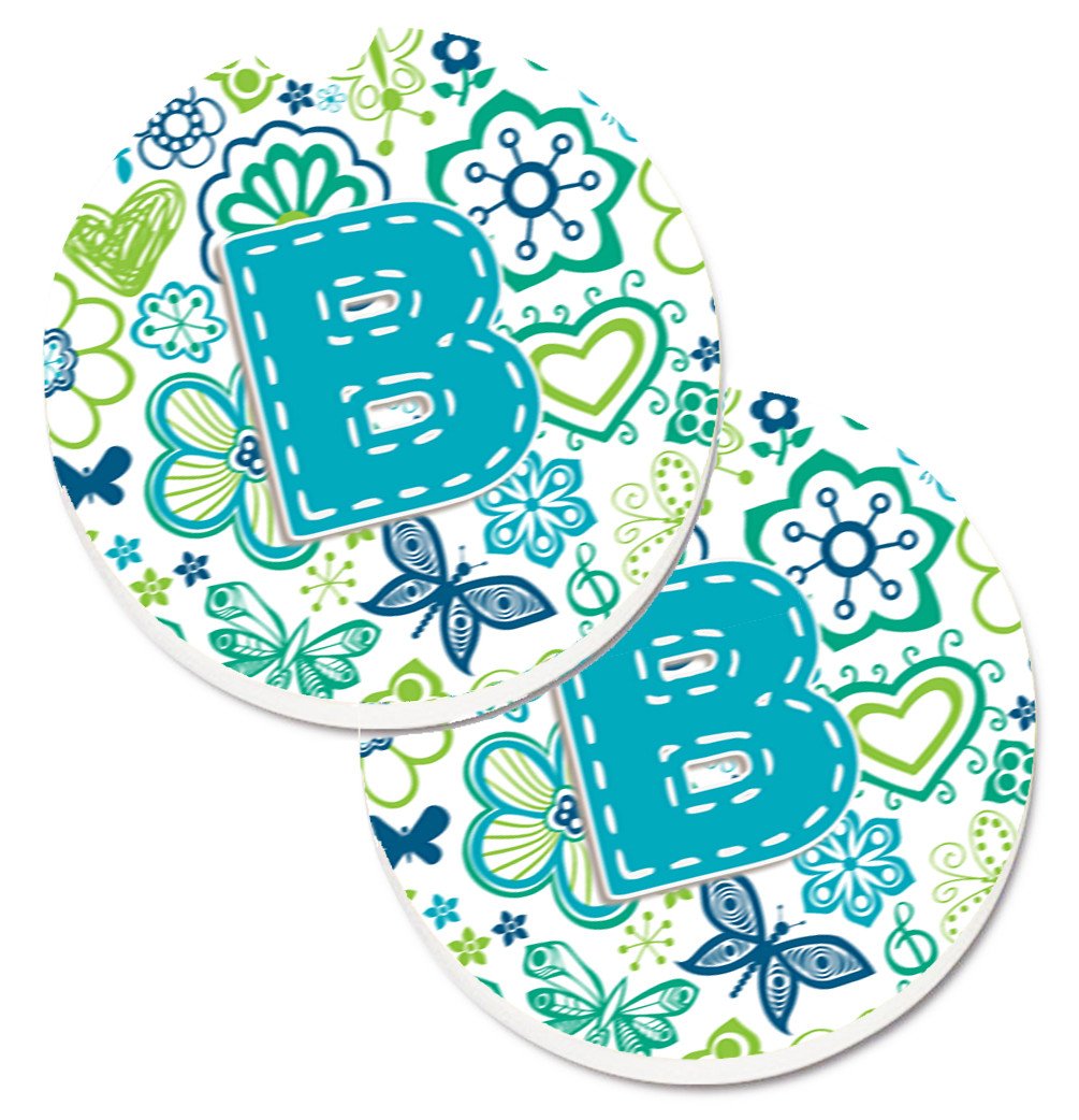 Letter B Flowers and Butterflies Teal Blue Set of 2 Cup Holder Car Coasters CJ2006-BCARC by Caroline&#39;s Treasures