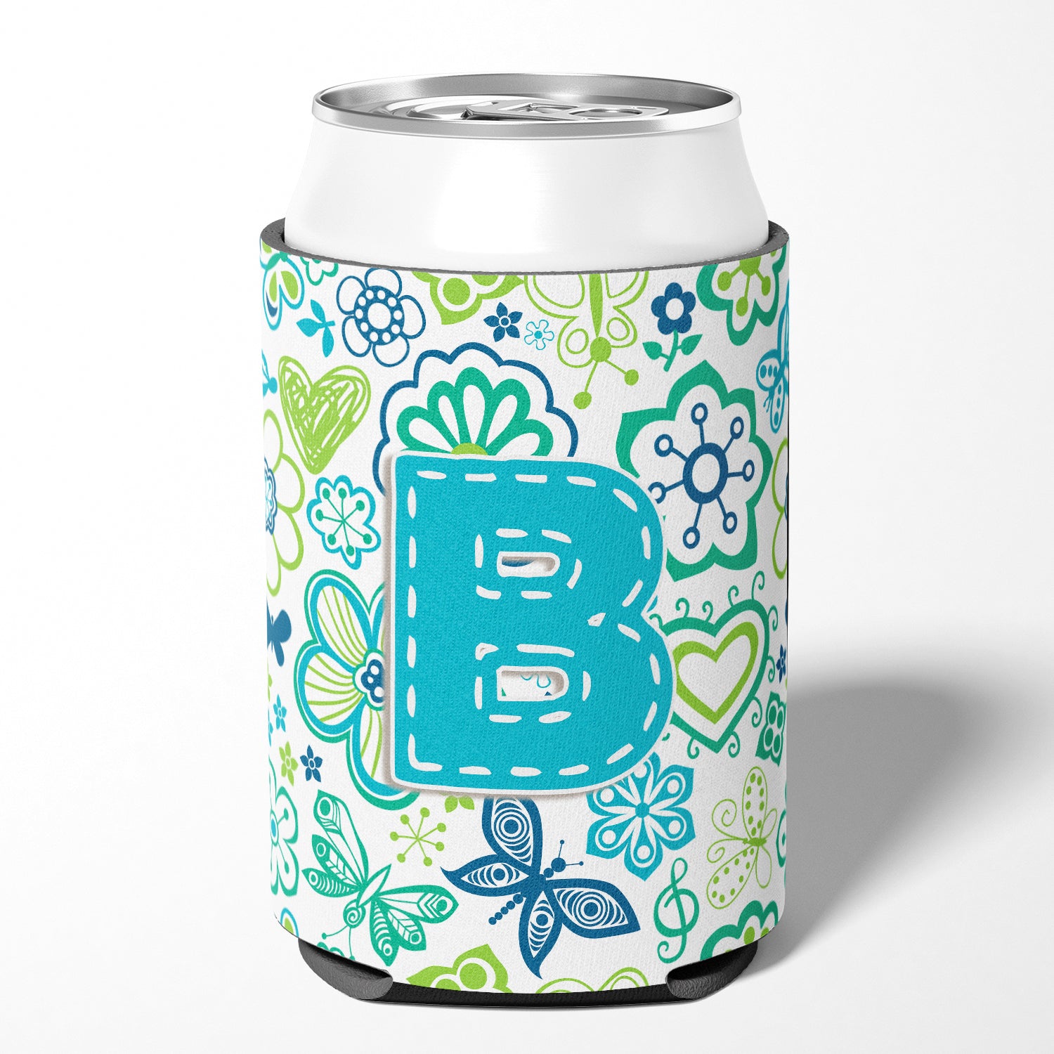 Letter B Flowers and Butterflies Teal Blue Can or Bottle Hugger CJ2006-BCC.
