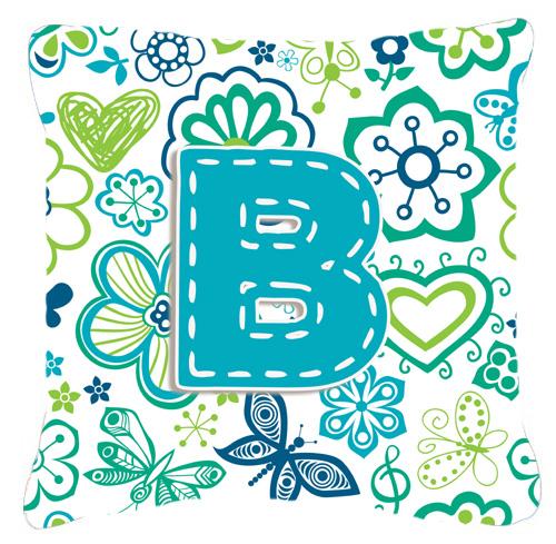 Letter B Flowers and Butterflies Teal Blue Canvas Fabric Decorative Pillow by Caroline&#39;s Treasures