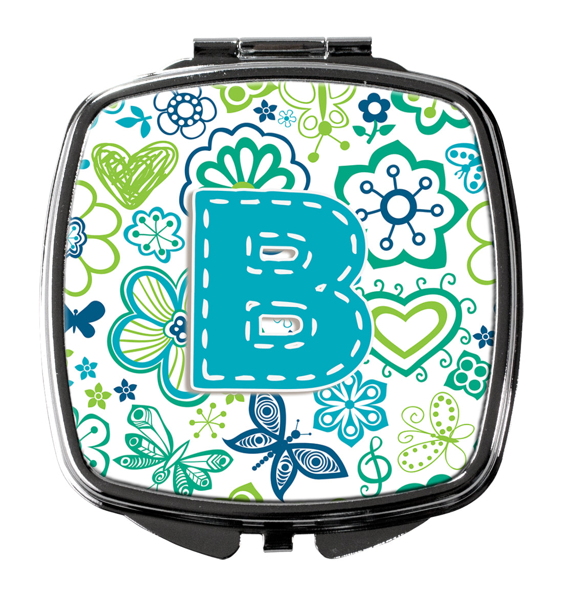 Letter B Flowers and Butterflies Teal Blue Compact Mirror CJ2006-BSCM  the-store.com.