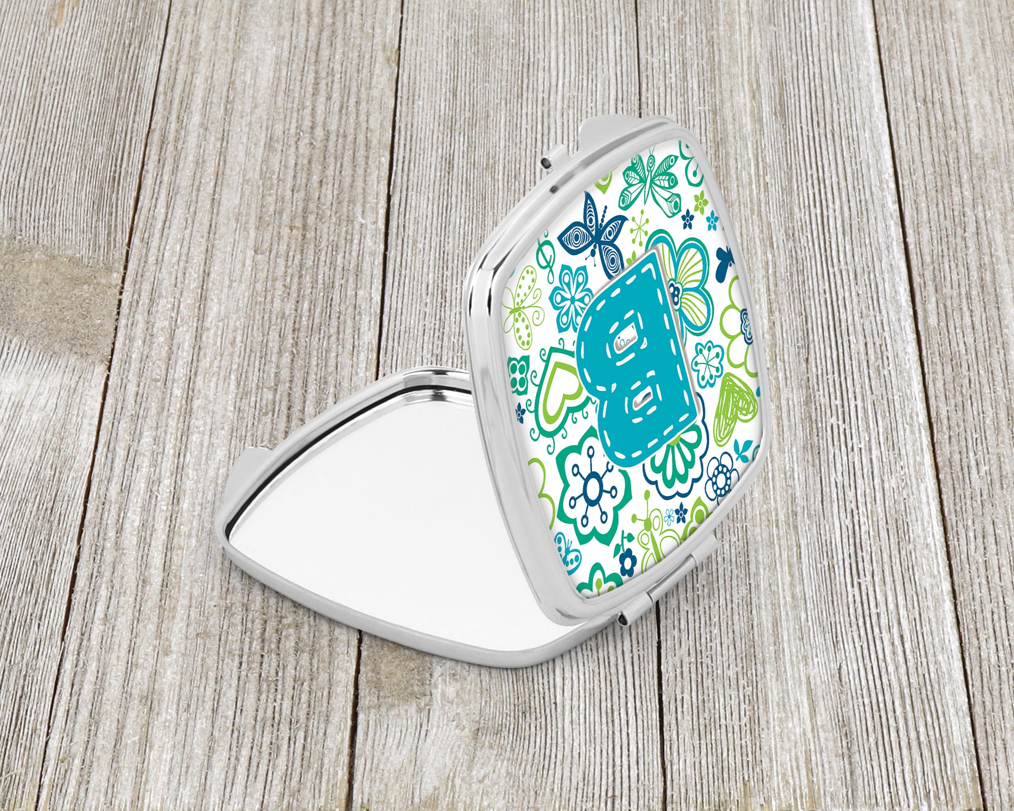 Letter B Flowers and Butterflies Teal Blue Compact Mirror CJ2006-BSCM