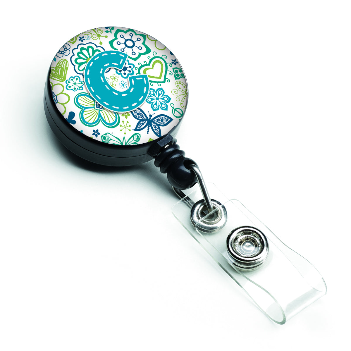 Letter C Flowers and Butterflies Teal Blue Retractable Badge Reel CJ2006-CBR