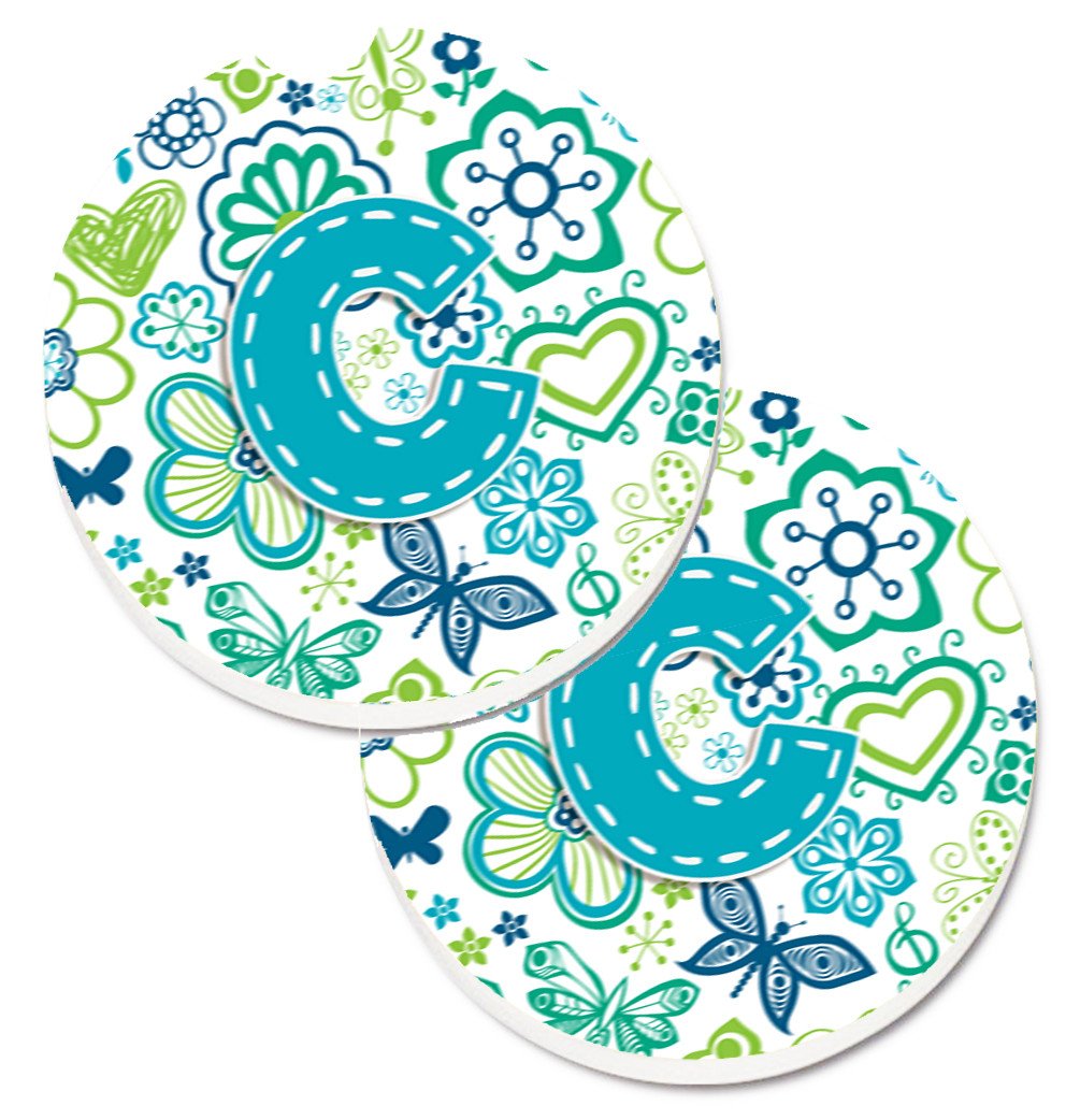 Letter C Flowers and Butterflies Teal Blue Set of 2 Cup Holder Car Coasters CJ2006-CCARC by Caroline&#39;s Treasures