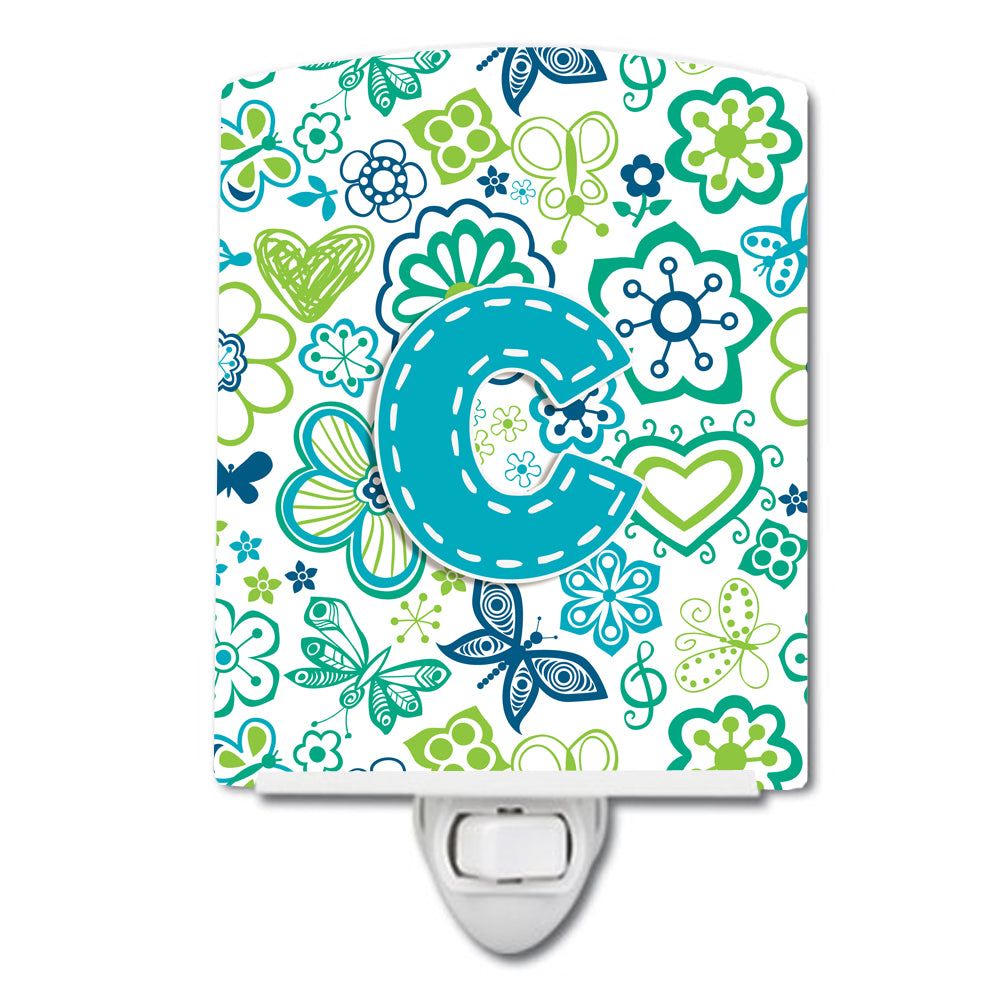 Letter C Flowers and Butterflies Teal Blue Ceramic Night Light CJ2006-CCNL - the-store.com