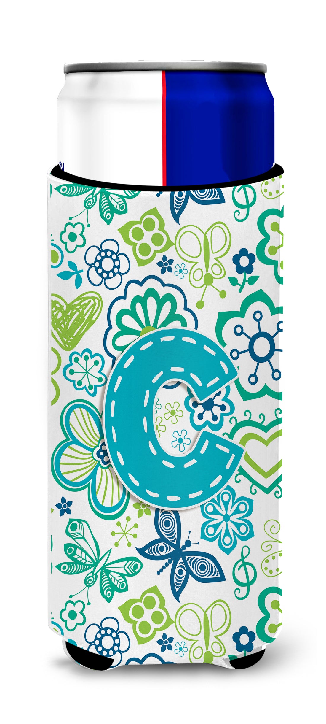 Letter C Flowers and Butterflies Teal Blue Ultra Beverage Insulators for slim cans CJ2006-CMUK