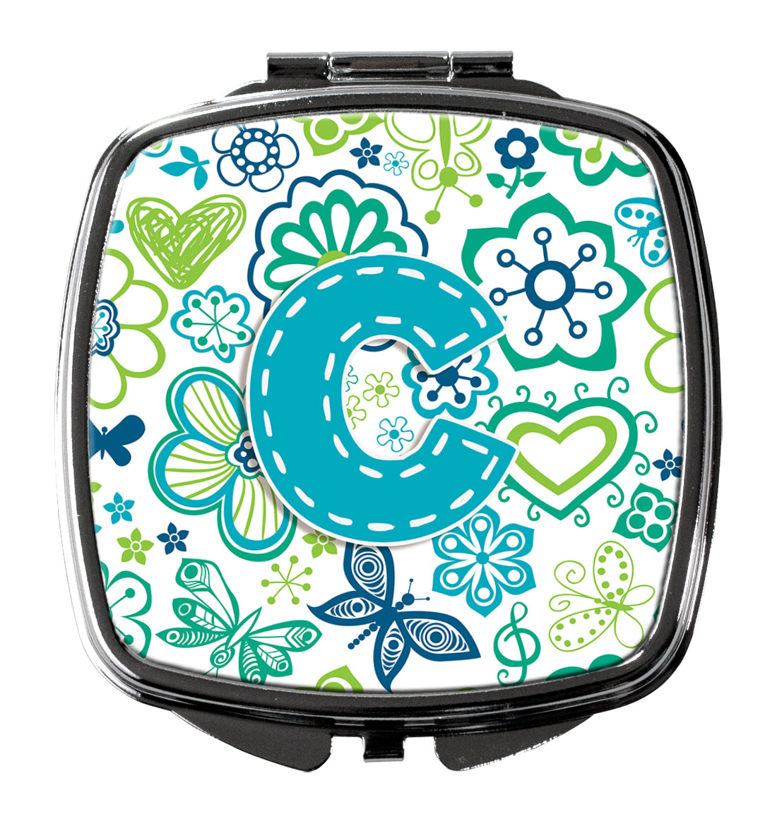 Letter C Flowers and Butterflies Teal Blue Compact Mirror CJ2006-CSCM