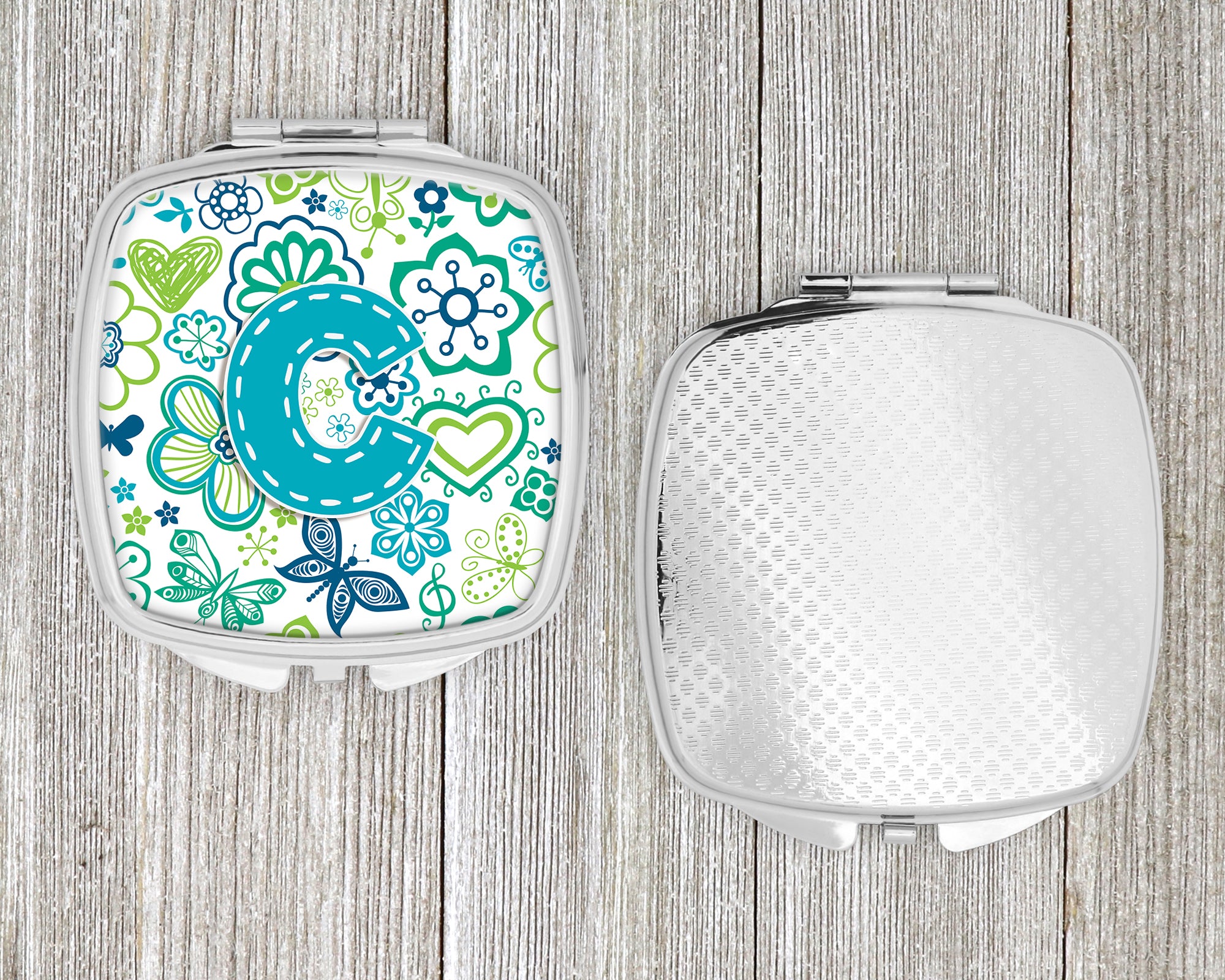 Letter C Flowers and Butterflies Teal Blue Compact Mirror CJ2006-CSCM  the-store.com.