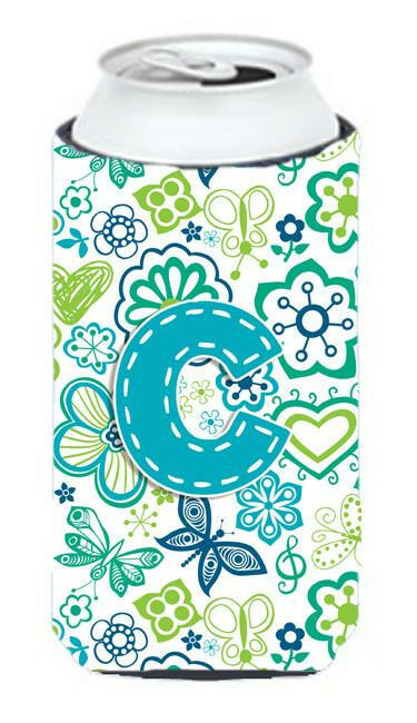 Letter C Flowers and Butterflies Teal Blue Tall Boy Beverage Insulator Hugger CJ2006-CTBC by Caroline's Treasures