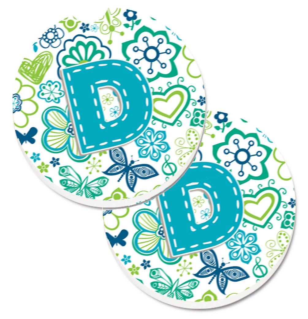 Letter D Flowers and Butterflies Teal Blue Set of 2 Cup Holder Car Coasters CJ2006-DCARC by Caroline&#39;s Treasures