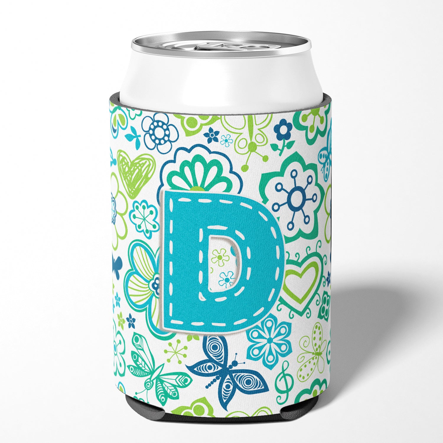 Letter D Flowers and Butterflies Teal Blue Can or Bottle Hugger CJ2006-DCC