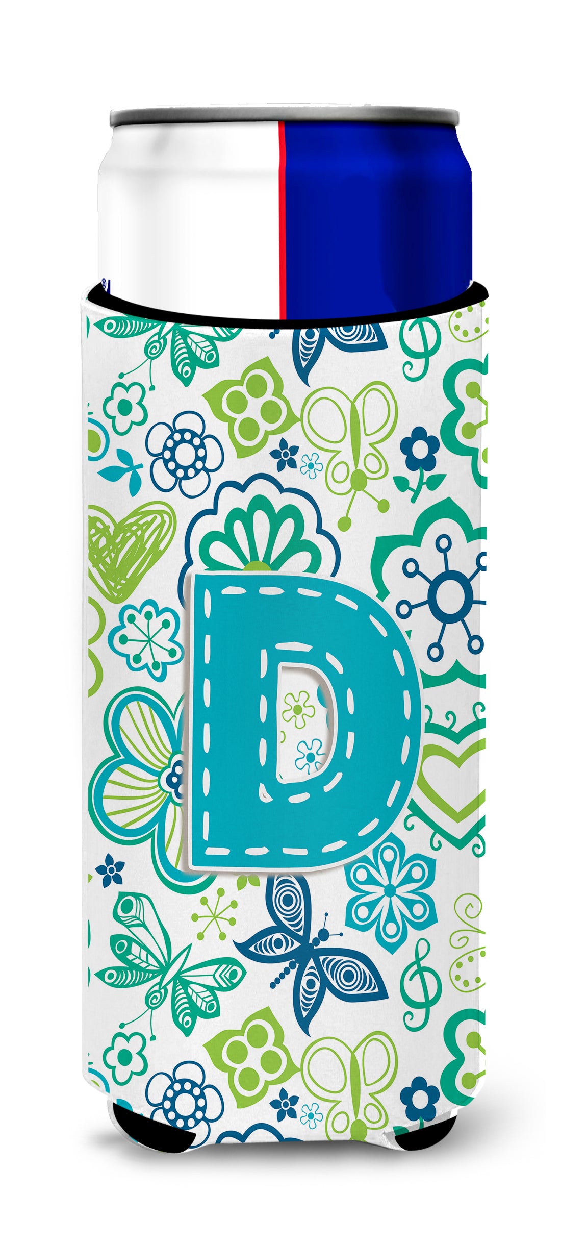 Letter D Flowers and Butterflies Teal Blue Ultra Beverage Insulators for slim cans CJ2006-DMUK.