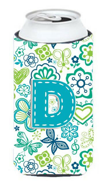 Letter D Flowers and Butterflies Teal Blue Tall Boy Beverage Insulator Hugger CJ2006-DTBC by Caroline&#39;s Treasures