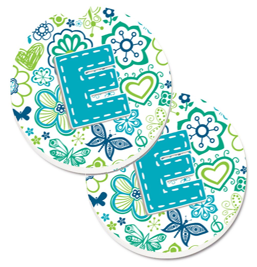 Letter E Flowers and Butterflies Teal Blue Set of 2 Cup Holder Car Coasters CJ2006-ECARC by Caroline&#39;s Treasures