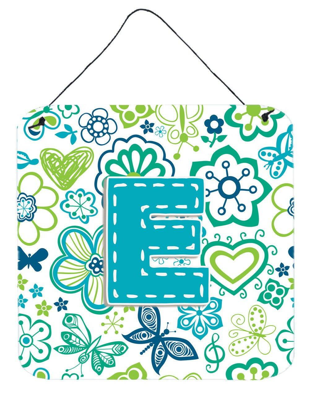 Letter E Flowers and Butterflies Teal Blue Wall or Door Hanging Prints CJ2006-EDS66 by Caroline&#39;s Treasures
