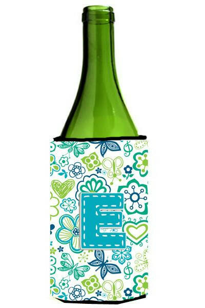 Letter E Flowers and Butterflies Teal Blue Wine Bottle Beverage Insulator Hugger CJ2006-ELITERK by Caroline&#39;s Treasures