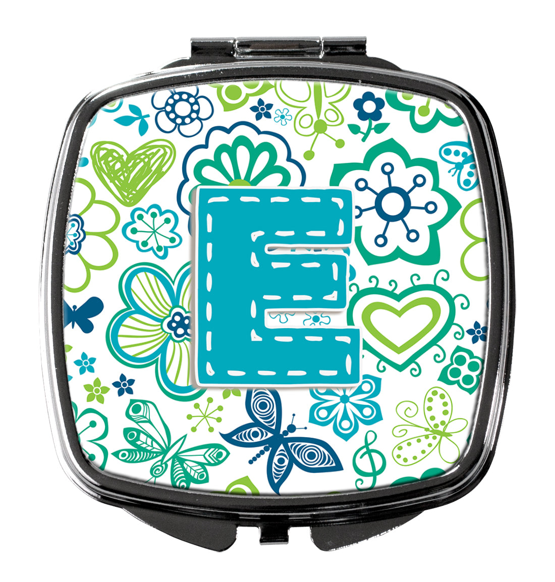 Letter E Flowers and Butterflies Teal Blue Compact Mirror CJ2006-ESCM  the-store.com.