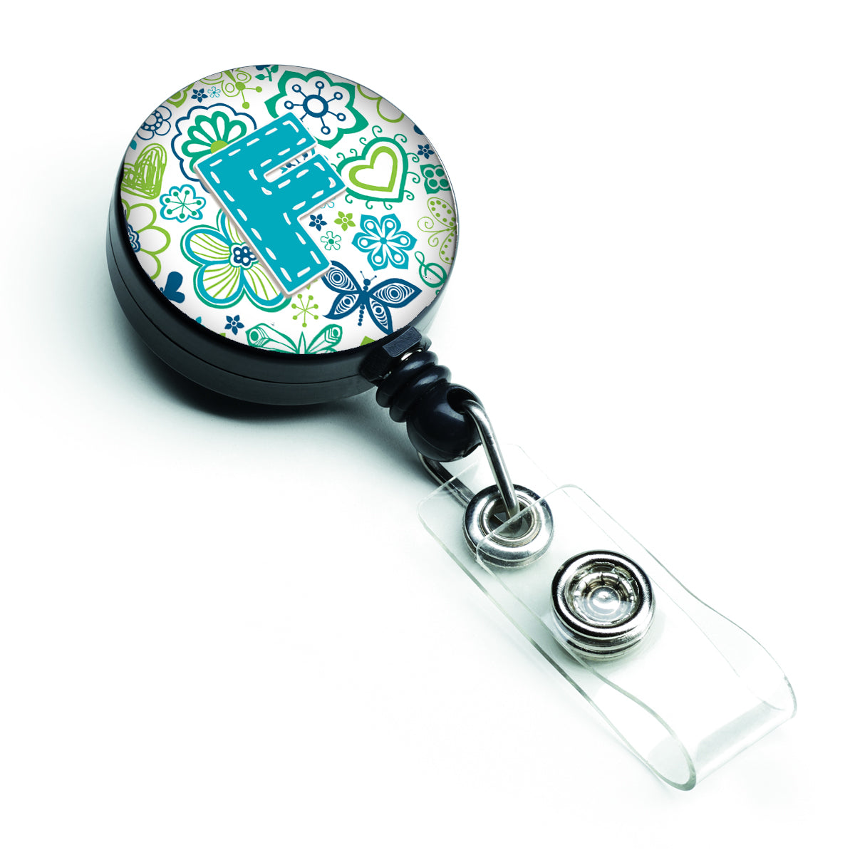 Letter F Flowers and Butterflies Teal Blue Retractable Badge Reel CJ2006-FBR
