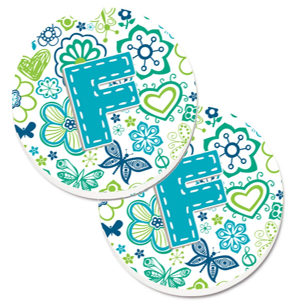 Letter F Flowers and Butterflies Teal Blue Set of 2 Cup Holder Car Coasters CJ2006-FCARC by Caroline&#39;s Treasures