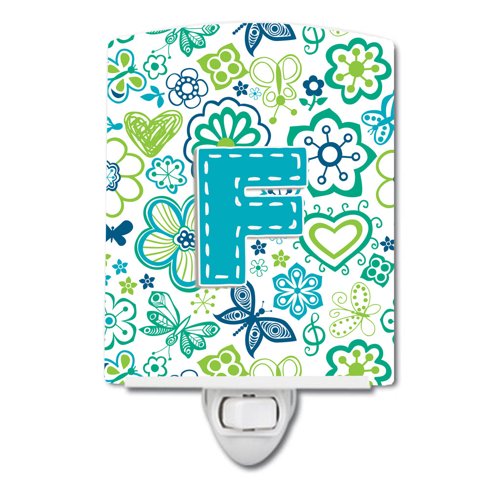 Letter F Flowers and Butterflies Teal Blue Ceramic Night Light CJ2006-FCNL - the-store.com