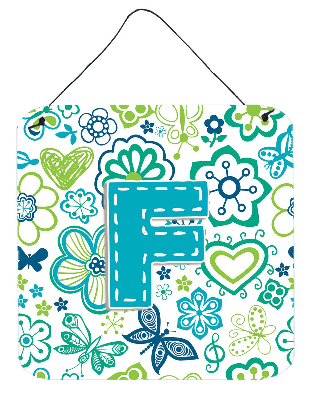 Letter F Flowers and Butterflies Teal Blue Wall or Door Hanging Prints CJ2006-FDS66 by Caroline&#39;s Treasures
