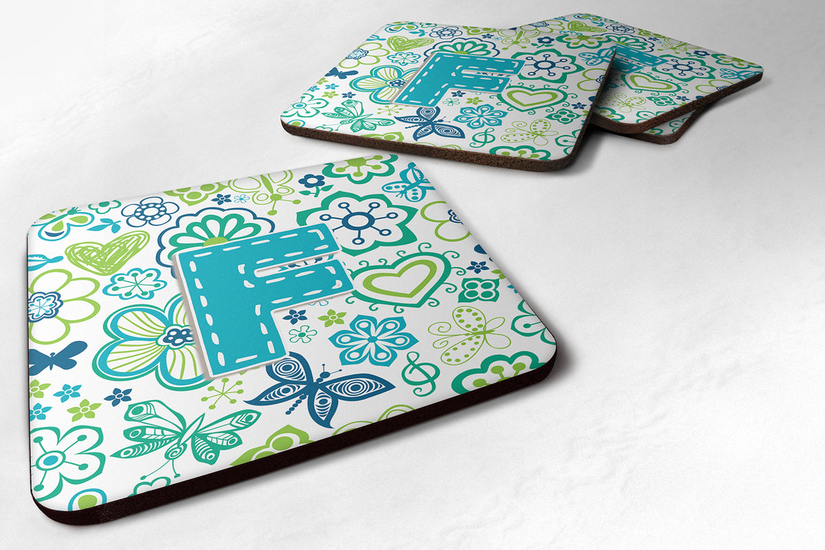 Set of 4 Letter F Flowers and Butterflies Teal Blue Foam Coasters CJ2006-FFC - the-store.com