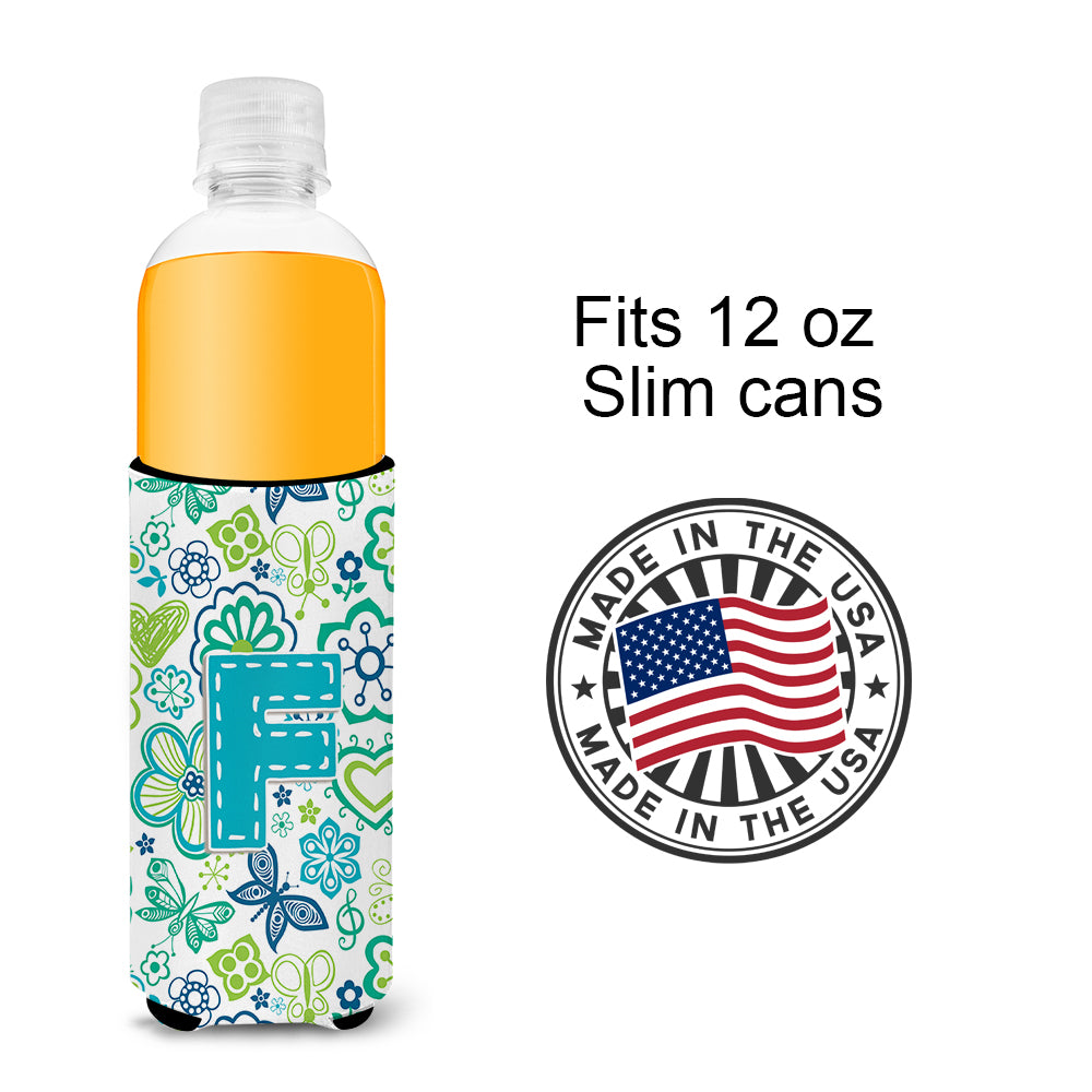 Letter F Flowers and Butterflies Teal Blue Ultra Beverage Insulators for slim cans CJ2006-FMUK.