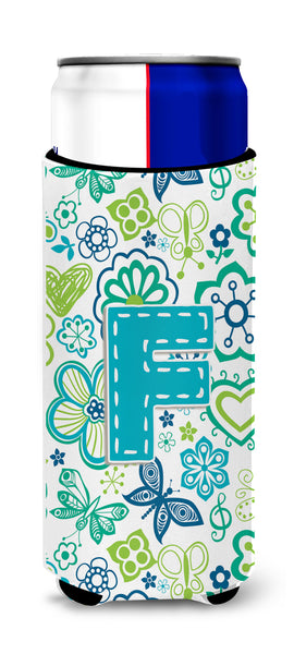 Letter F Flowers and Butterflies Teal Blue Ultra Beverage Insulators for slim cans CJ2006-FMUK