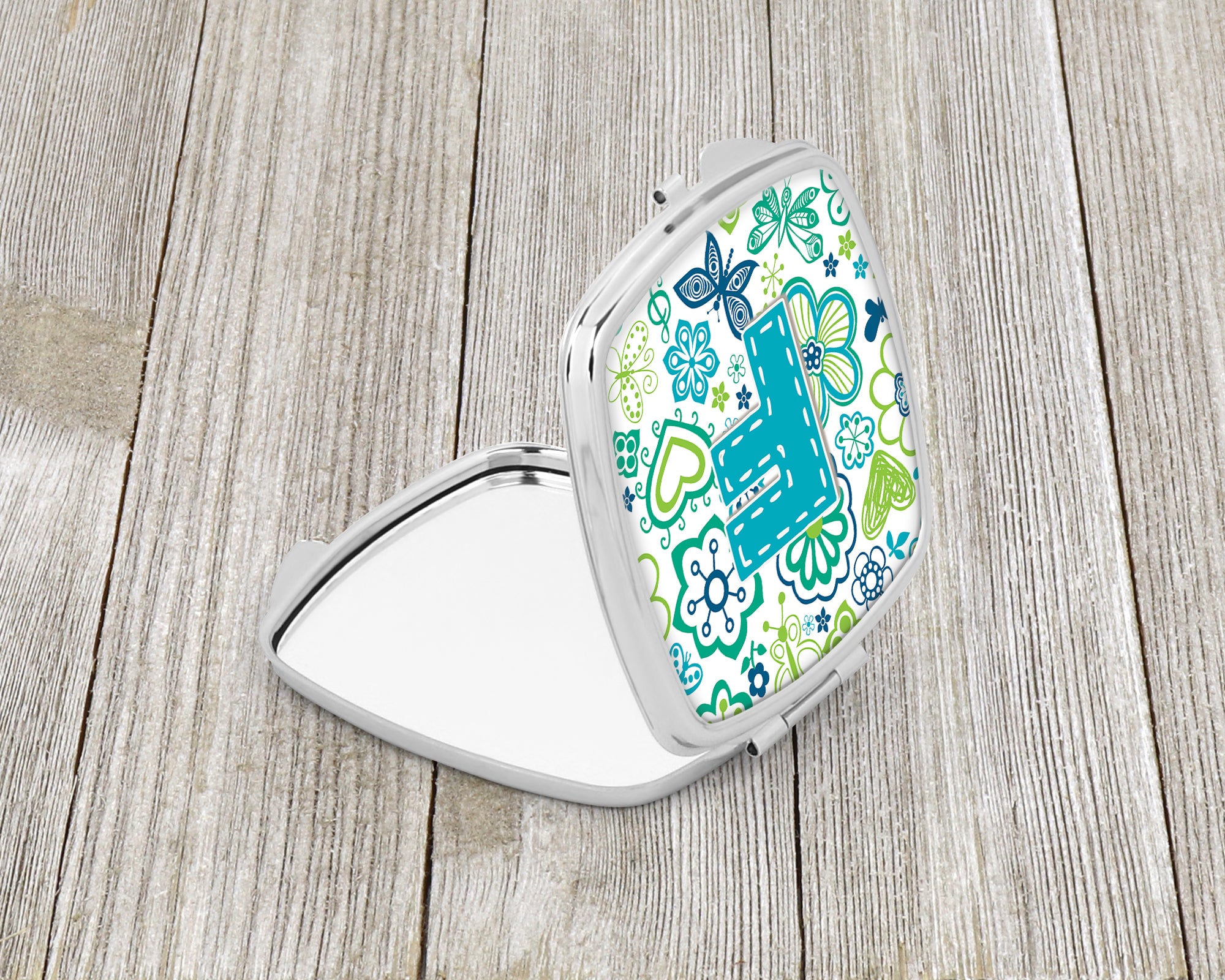 Letter F Flowers and Butterflies Teal Blue Compact Mirror CJ2006-FSCM  the-store.com.