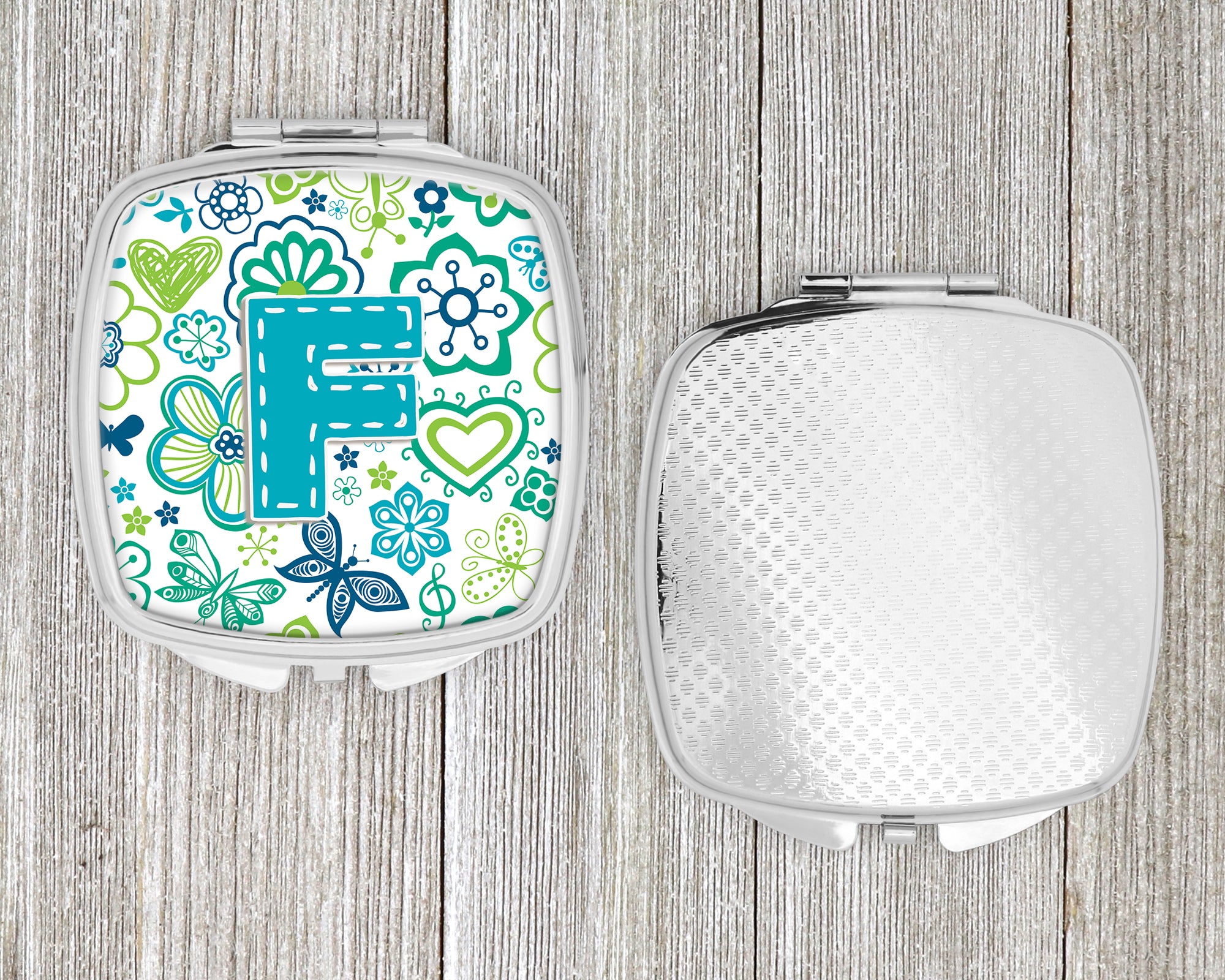 Letter F Flowers and Butterflies Teal Blue Compact Mirror CJ2006-FSCM  the-store.com.