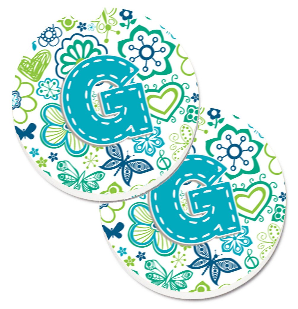 Letter G Flowers and Butterflies Teal Blue Set of 2 Cup Holder Car Coasters CJ2006-GCARC by Caroline&#39;s Treasures